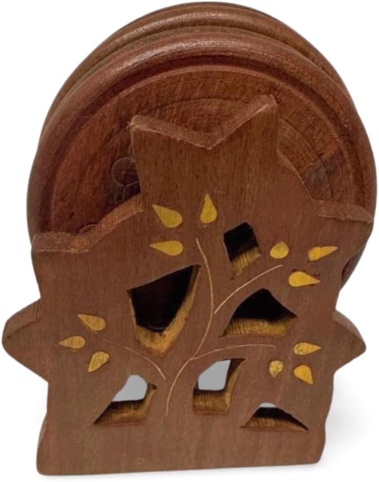 Wooden Round Coaster Set with Holder – 6-Piece Drink Coasters for Mugs & Glasses – Handcrafted Tabletop Protection by WisdomWork Craft (Tree Coaster Set)