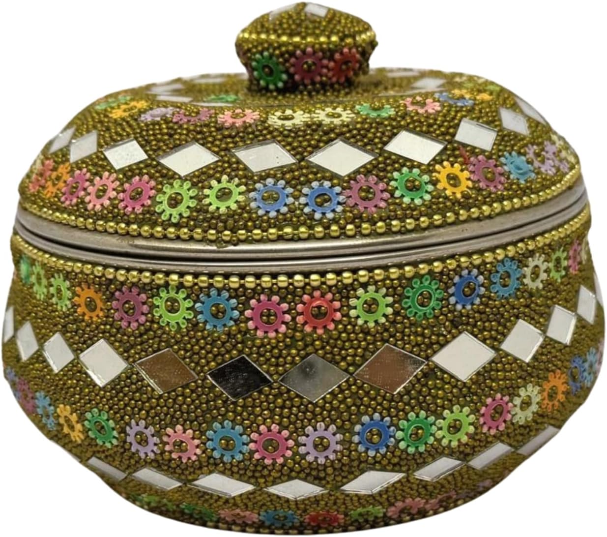 Rajasthani Style Sindur/Kumkum Box – Round Steel Container with Multicolor Artificial Pearl Work – Traditional Indian Cultural Gift Green (2.5x4.10 Inches)