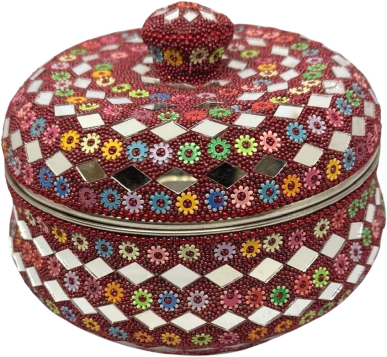 Rajasthani Style Sindur/Kumkum Box – Round Steel Container with Multicolor Artificial Pearl Work – Traditional Indian Cultural Gift Red (2.5x5.10 Inches)