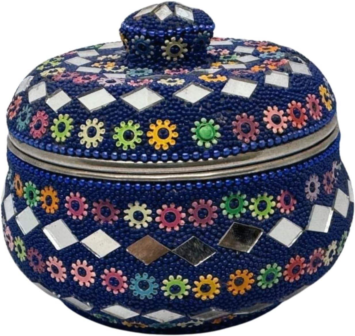 Rajasthani Style Sindur/Kumkum Box – Round Steel Container with Multicolor Artificial Pearl Work – Traditional Indian Cultural Gift Blue (4x4 Inches)