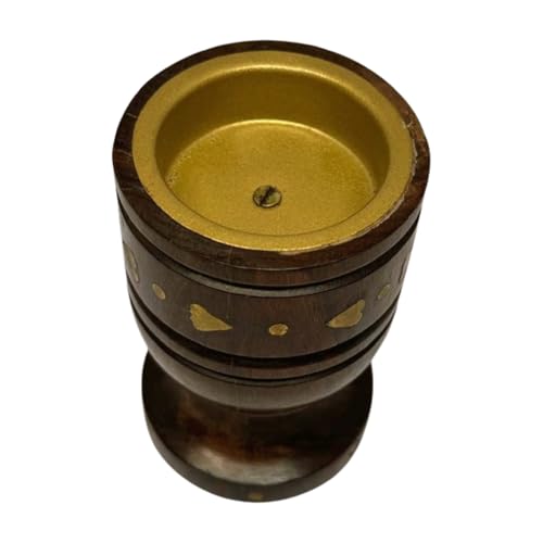 WisdomWork Craft Handcrafted Wooden Dhoop Batti Stand ncense Holder with Ash Catcher & Brass Flower Inlay – (Plan Golden Bowl line)