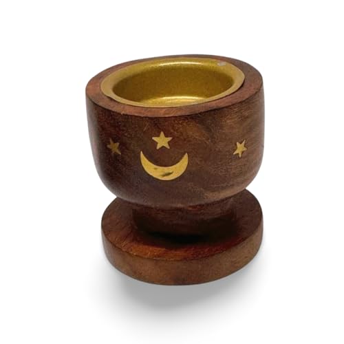 Handcrafted Wooden Sambrani Dhoop Batti Stand with Brass Bowl – Incense Holder with Ash Catcher & Metal Flower Design – (Golden Moon and Star (3x2.5 in))