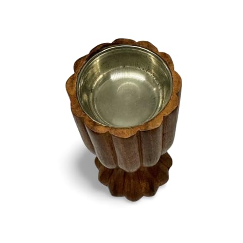 Handcrafted Wooden Sambrani Dhoop Batti Stand with Brass Bowl – Incense Holder with Ash Catcher & Metal Flower Design – Traditional Aromatherapy Burner for Meditation, Puja & Decor (3x2.5 Inches)