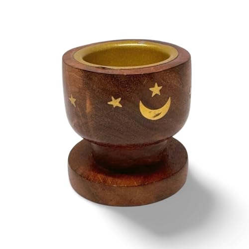 Handcrafted Wooden Sambrani Dhoop Batti Stand with Brass Bowl – Incense Holder with Ash Catcher & Metal Flower Design – (Golden Moon and Star (3x2.5 in))