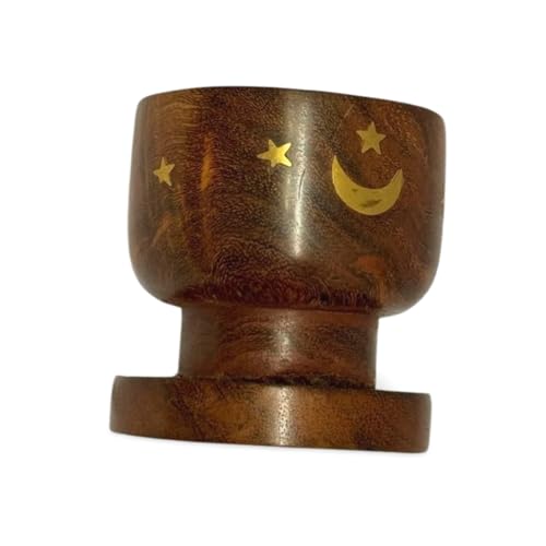 Handcrafted Wooden Sambrani Dhoop Batti Stand with Brass Bowl – Incense Holder with Ash Catcher & Metal Flower Design – (Golden Moon and Star (3x2.5 in))