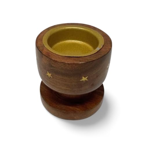 Handcrafted Wooden Sambrani Dhoop Batti Stand with Brass Bowl – Incense Holder with Ash Catcher & Metal Flower Design – (Golden Star (2.5x2.5 in))
