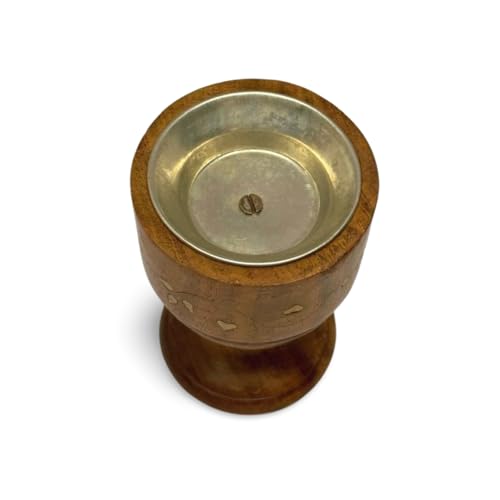 WisdomWork Craft Handcrafted Wooden Dhoop Batti Stand ncense Holder with Ash Catcher & Brass Flower Inlay – (Silver Bowl Line)
