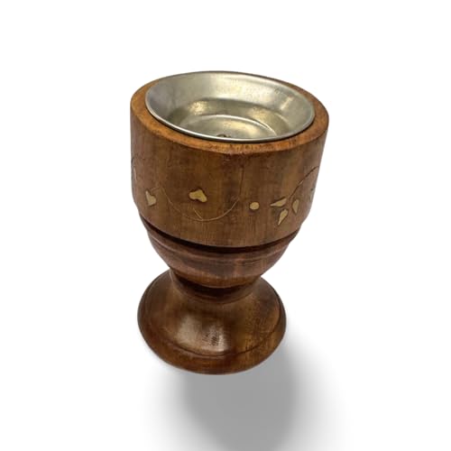 WisdomWork Craft Handcrafted Wooden Dhoop Batti Stand ncense Holder with Ash Catcher & Brass Flower Inlay – (Silver Bowl Line)