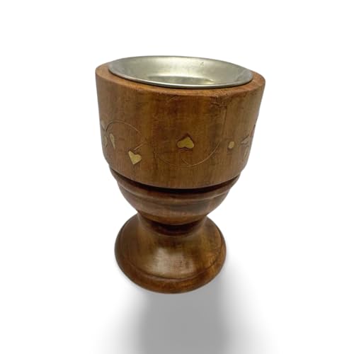 WisdomWork Craft Handcrafted Wooden Dhoop Batti Stand ncense Holder with Ash Catcher & Brass Flower Inlay – (Silver Bowl Line)