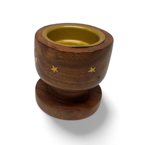 Handcrafted Wooden Sambrani Dhoop Batti Stand with Brass Bowl – Incense Holder with Ash Catcher & Metal Flower Design – (Golden Star (2.5x2.5 in))