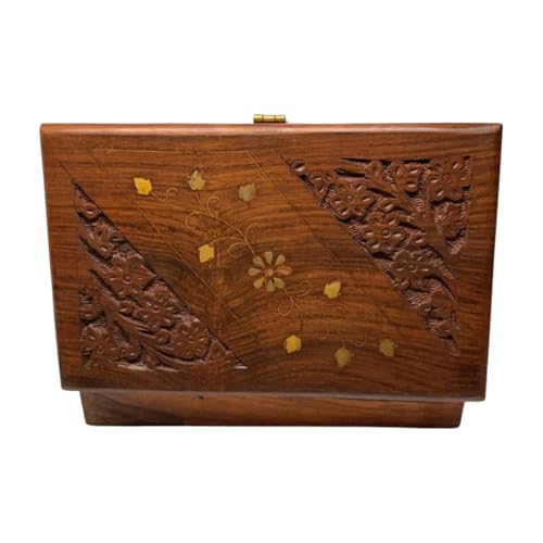 WisdomWork Craft Handmade Wooden Jewelry Box for Women, Large Hand-Carved Organizer with Brass Inlay – Rustic Keepsake Gift Box for Girls, Teens, Mom – Boho Wooden Trinket Storage (7x5x2.5 Inchs)