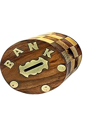 NABZ CRAFTS Handicrafted Wooden Antique Piggy Bank for Girls and Boys (12.5 X 10 X 15 cm, Brown)