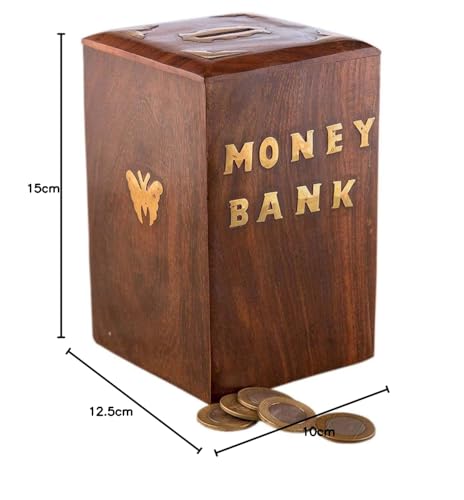 NABZ CRAFTS Handicrafted Wooden Antique Piggy Bank for Girls and Boys (12.5 X 10 X 15 cm, Brown)