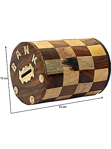 NABZ CRAFTS Handicrafted Wooden Antique Piggy Bank for Girls and Boys (12.5 X 10 X 15 cm, Brown)