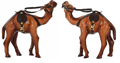 Kingsman Store Wooden Camel showpiece Rajasthani Wooden Leather & Suede Standing Figurine (Brown) Set of 2