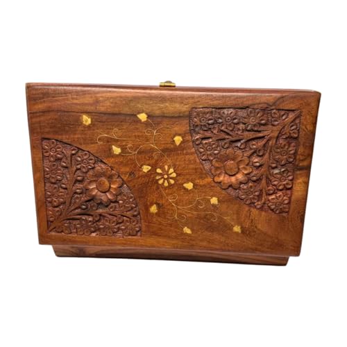 WisdomWork Craft Handmade Wooden Jewelry Box for Women, Large Hand-Carved Organizer with Brass Inlay – Rustic Keepsake Gift Box for Girls, Teens, Mom – Boho Wooden Trinket Storage (7x5x2.5 Inchs)