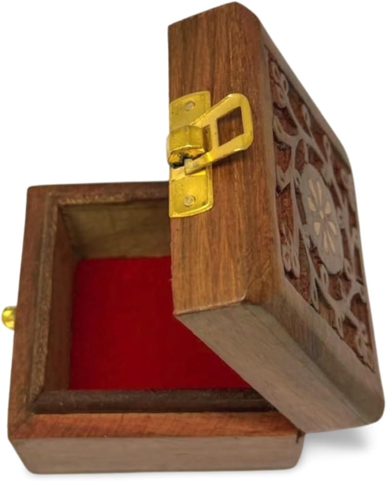 Handmade Wooden Jewelry Box for Women – 5x3 inch Hand-Carved Organizer with Brass Inlay – Rustic Indian Keepsake Box Gift for Girls, Teens, Mom – Vintage Trinket Storage (412s)