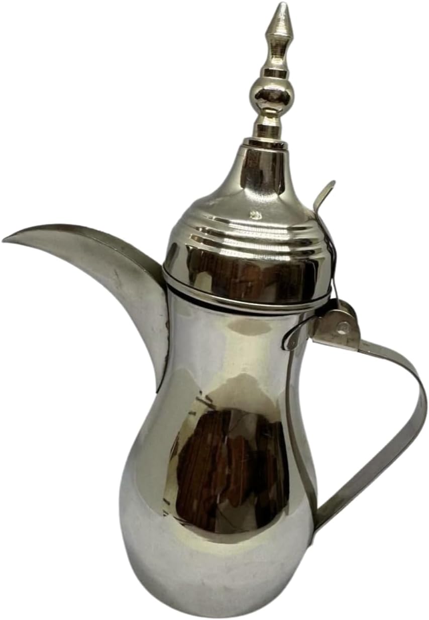 Handcrafted Brass Coffee Pot – Traditional Silver Finish Jug with Handle – Decorative Arabian Style Dallah Pot for Coffee & Tea by WisdomWork Craft (Size - 8 Inches)
