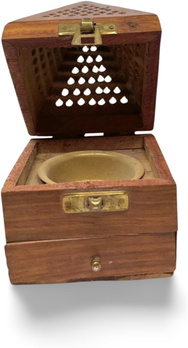 Handcrafted Wooden Sambrani Dhoop Batti Stand – Pyramid Shaped Incense Holder with Ash Catcher – Traditional Indian Design for Aromatherapy, Meditation & Spiritual Use – 3.5x3.5 Inch