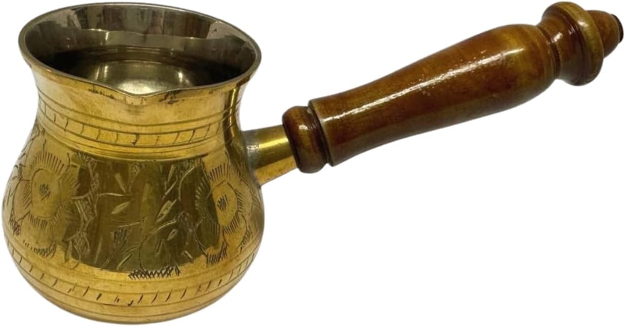 Handcrafted Brass Coffee Pot with Wooden Handle – 4.5 Inch Traditional Turkish/Arabic Style Brass Kettle – Vintage Kitchenware for Coffee, Tea & Décor – Rustic Pouring Pot by WisdomWork Craft (Gold)