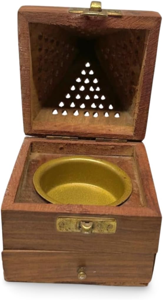 Handcrafted Wooden Sambrani Dhoop Batti Stand – Pyramid Shaped Incense Holder with Ash Catcher – Traditional Indian Design for Aromatherapy, Meditation & Spiritual Use – 3.5x3.5 Inch