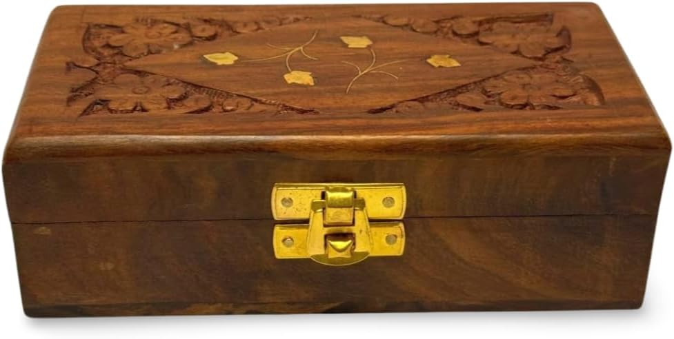 Handmade Wooden Jewelry Box for Women – 6x3 inch Hand-Carved Organizer with Brass Inlay – Rustic Indian Keepsake Box Gift for Girls, Teens, Mom – Vintage Trinket Storage