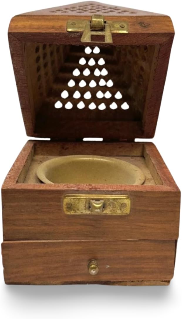 Handcrafted Wooden Sambrani Dhoop Batti Stand – Pyramid Shaped Incense Holder with Ash Catcher – Traditional Indian Design for Aromatherapy, Meditation & Spiritual Use – 3.5x3.5 Inch