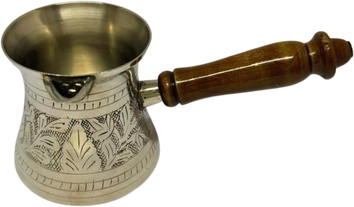 Handcrafted Brass Coffee Pot with Wooden Handle – 4.5 Inch Traditional Turkish/Arabic Style Brass Kettle – Vintage Kitchenware for Coffee, Tea & Décor – Rustic Pouring Pot by WisdomWork Craft (Silver)