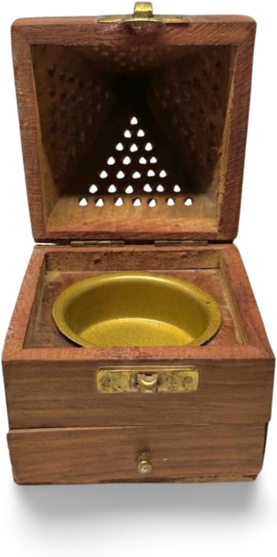 Handcrafted Wooden Sambrani Dhoop Batti Stand – Pyramid Shaped Incense Holder with Ash Catcher – Traditional Indian Design for Aromatherapy, Meditation & Spiritual Use – 3.5x3.5 Inch