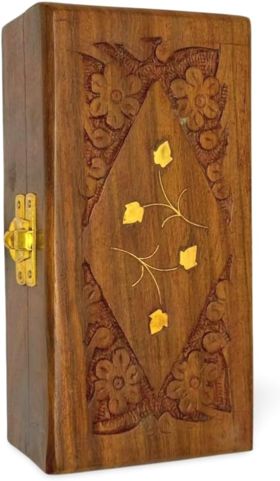 Handmade Wooden Jewelry Box for Women – 4x2.5 inch Hand-Carved Organizer with Brass Inlay – Rustic Indian Keepsake Box Gift for Girls, Teens, Mom – Vintage Trinket Storage