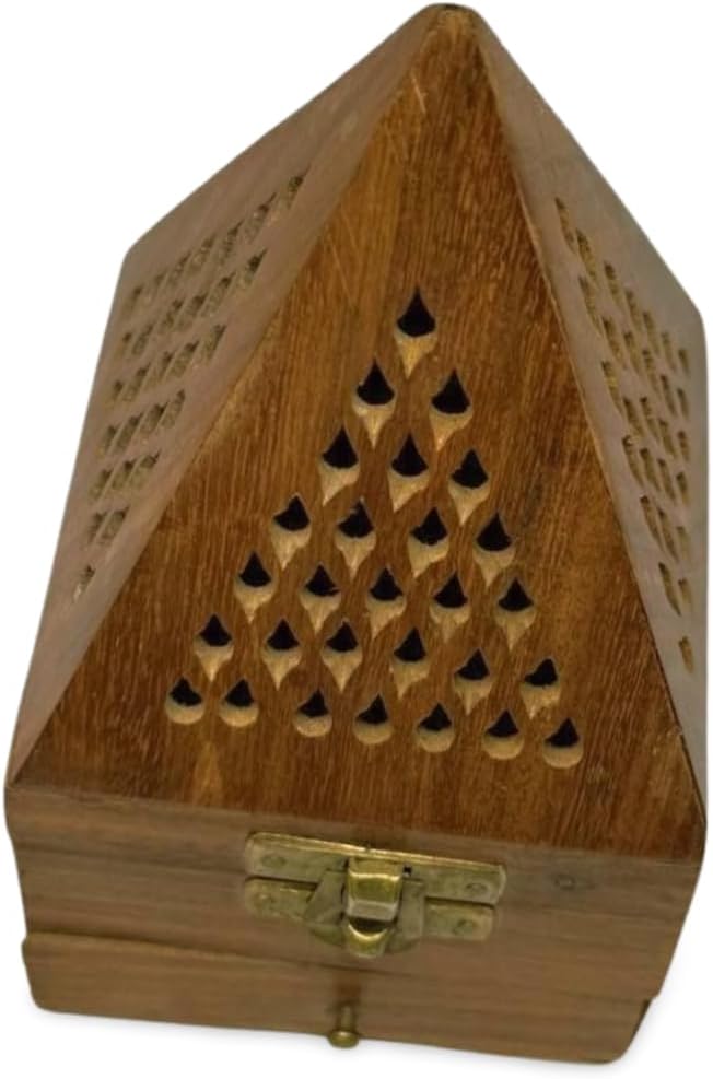 Handcrafted Wooden Sambrani Dhoop Batti Stand – Pyramid Shaped Incense Holder with Ash Catcher – Traditional Indian Design for Aromatherapy, Meditation & Spiritual Use – 3.5x3.5 Inch