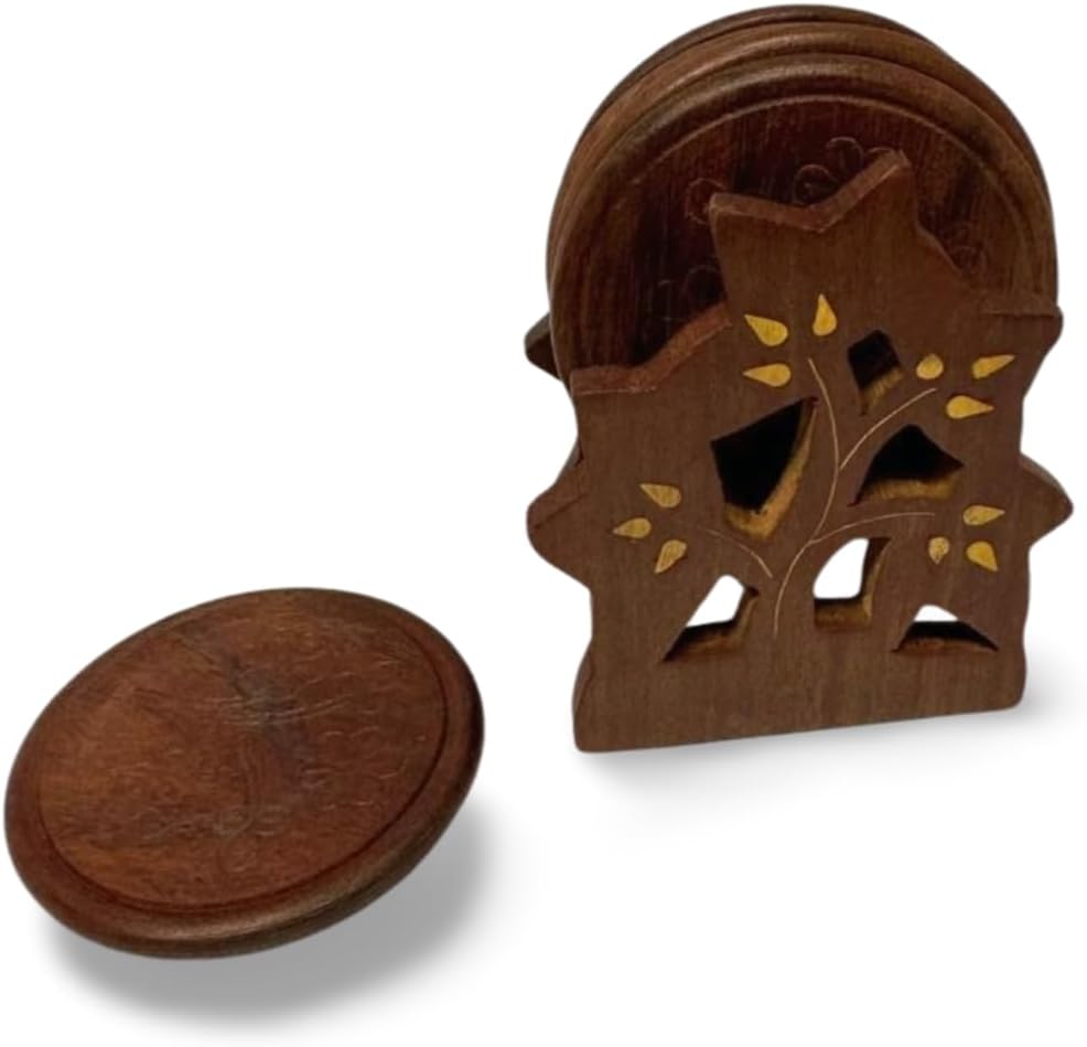 Wooden Round Coaster Set with Holder – 6-Piece Drink Coasters for Mugs & Glasses – Handcrafted Tabletop Protection by WisdomWork Craft (Tree Coaster Set)