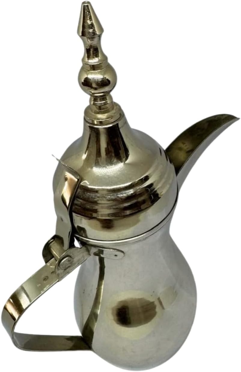Handcrafted Brass Coffee Pot – Traditional Silver Finish Jug with Handle – Decorative Arabian Style Dallah Pot for Coffee & Tea by WisdomWork Craft (Size - 8 Inches)