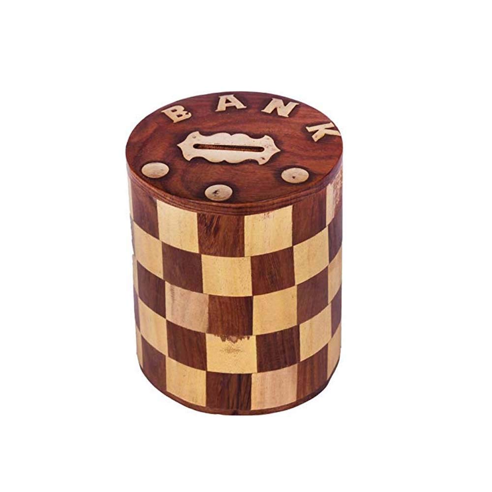 NABZ CRAFTS Handicrafted Wooden Antique Piggy Bank for Girls and Boys (12.5 X 10 X 15 cm, Brown)