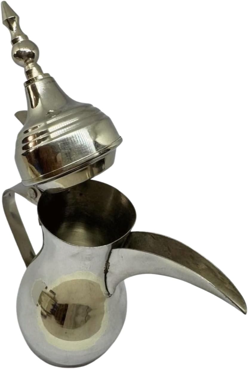Handcrafted Brass Coffee Pot – Traditional Silver Finish Jug with Handle – Decorative Arabian Style Dallah Pot for Coffee & Tea by WisdomWork Craft (Size - 8 Inches)
