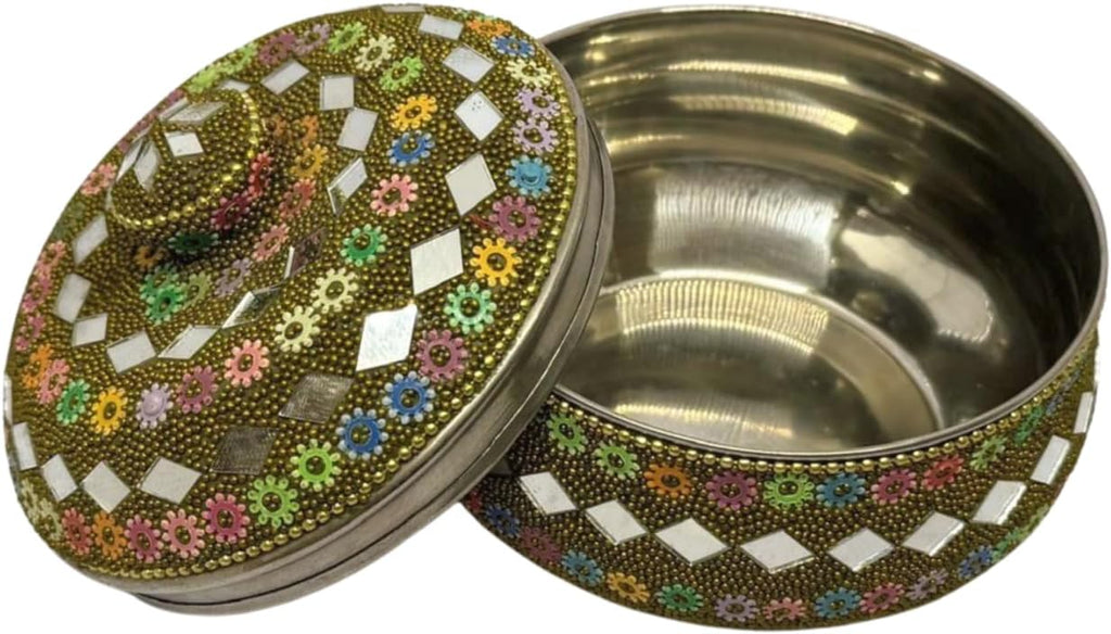 Rajasthani Style Sindur/Kumkum Box – Round Steel Container with Multicolor Artificial Pearl Work – Traditional Indian Cultural Gift Green (2.5x4.10 Inches)