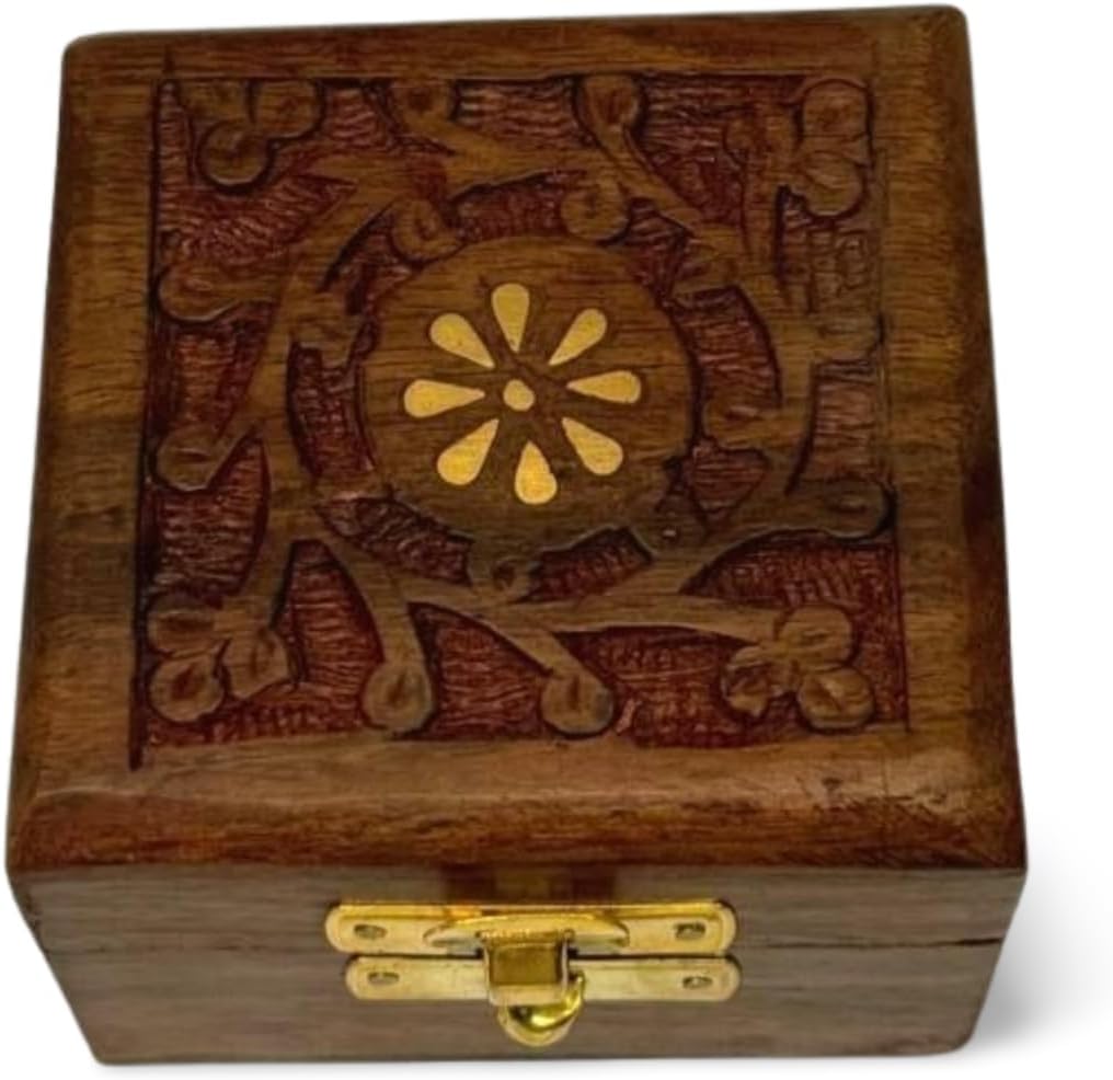 Handmade Wooden Jewelry Box for Women – 5x3 inch Hand-Carved Organizer with Brass Inlay – Rustic Indian Keepsake Box Gift for Girls, Teens, Mom – Vintage Trinket Storage (412s)
