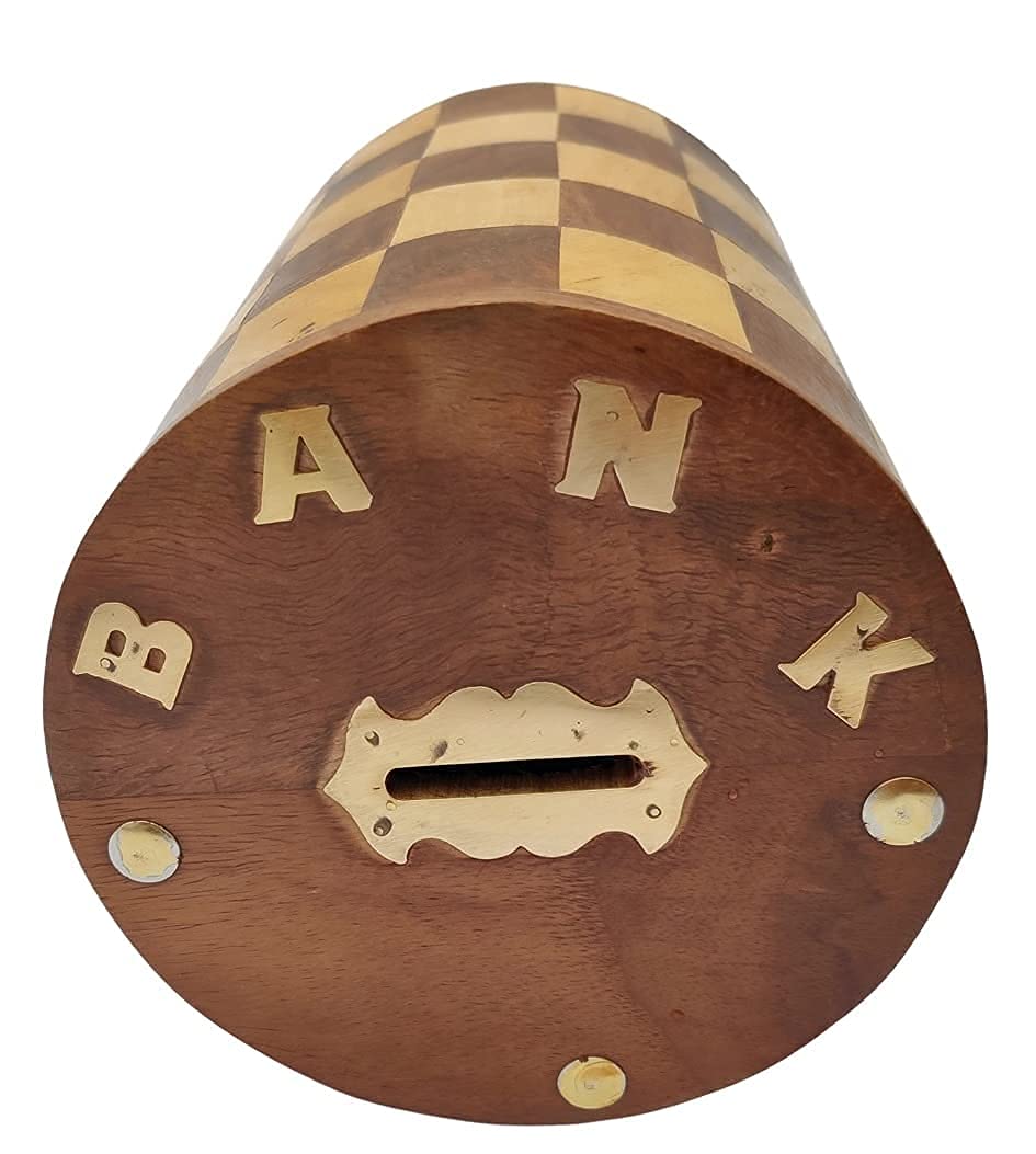 NABZ CRAFTS Handicrafted Wooden Antique Piggy Bank for Girls and Boys (12.5 X 10 X 15 cm, Brown)