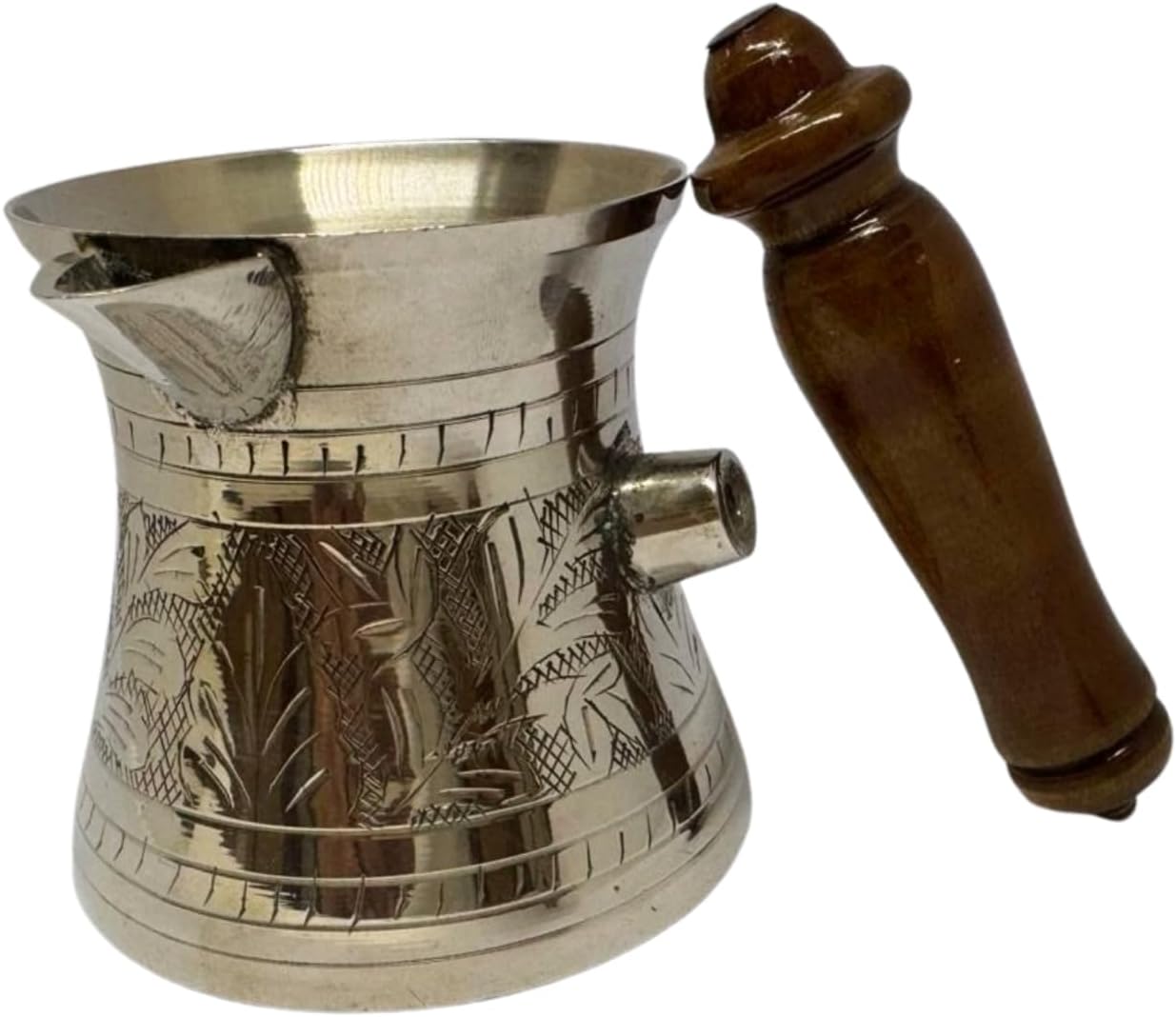Handcrafted Brass Coffee Pot with Wooden Handle – 4.5 Inch Traditional Turkish/Arabic Style Brass Kettle – Vintage Kitchenware for Coffee, Tea & Décor – Rustic Pouring Pot by WisdomWork Craft (Silver)