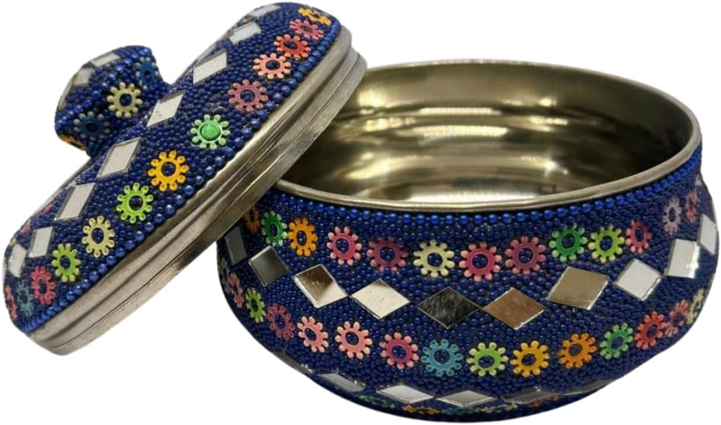 Rajasthani Style Sindur/Kumkum Box – Round Steel Container with Multicolor Artificial Pearl Work – Traditional Indian Cultural Gift Blue (4x4 Inches)