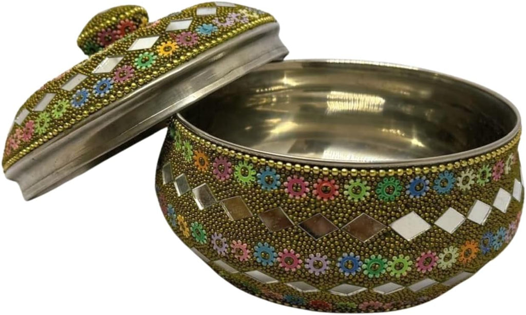 Rajasthani Style Sindur/Kumkum Box – Round Steel Container with Multicolor Artificial Pearl Work – Traditional Indian Cultural Gift Green (2.5x4.10 Inches)