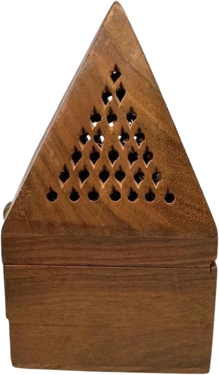 Handcrafted Wooden Sambrani Dhoop Batti Stand – Pyramid Shaped Incense Holder with Ash Catcher – Traditional Indian Design for Aromatherapy, Meditation & Spiritual Use – 3.5x3.5 Inch