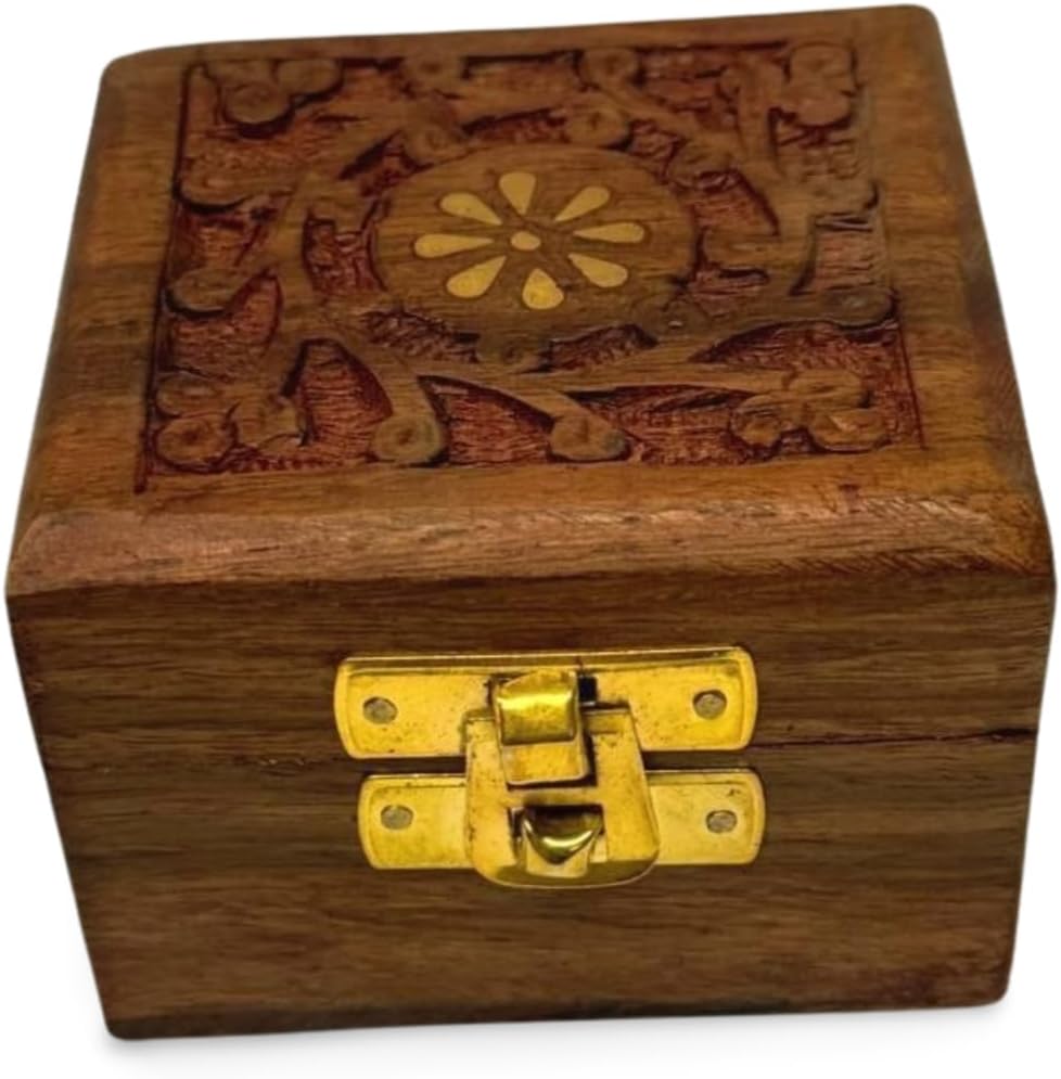 Handmade Wooden Jewelry Box for Women – 5x3 inch Hand-Carved Organizer with Brass Inlay – Rustic Indian Keepsake Box Gift for Girls, Teens, Mom – Vintage Trinket Storage (412s)
