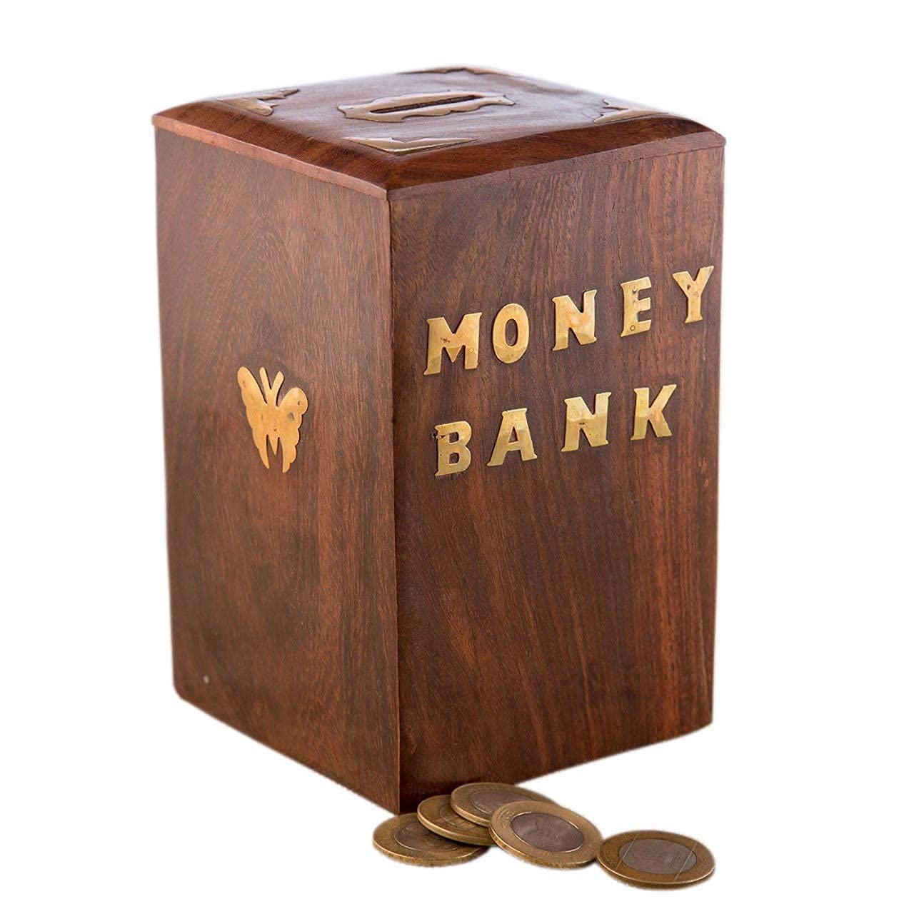 NABZ CRAFTS Handicrafted Wooden Antique Piggy Bank for Girls and Boys (12.5 X 10 X 15 cm, Brown)