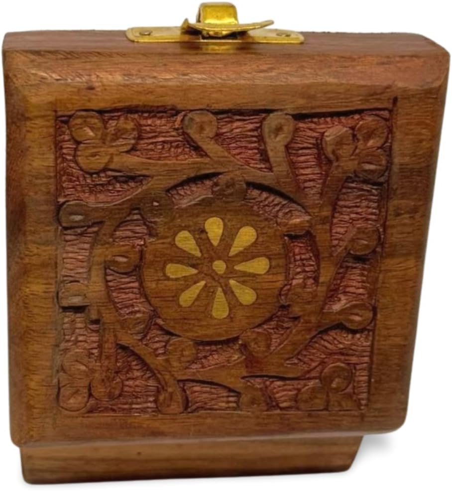 Handmade Wooden Jewelry Box for Women – 5x3 inch Hand-Carved Organizer with Brass Inlay – Rustic Indian Keepsake Box Gift for Girls, Teens, Mom – Vintage Trinket Storage (412s)
