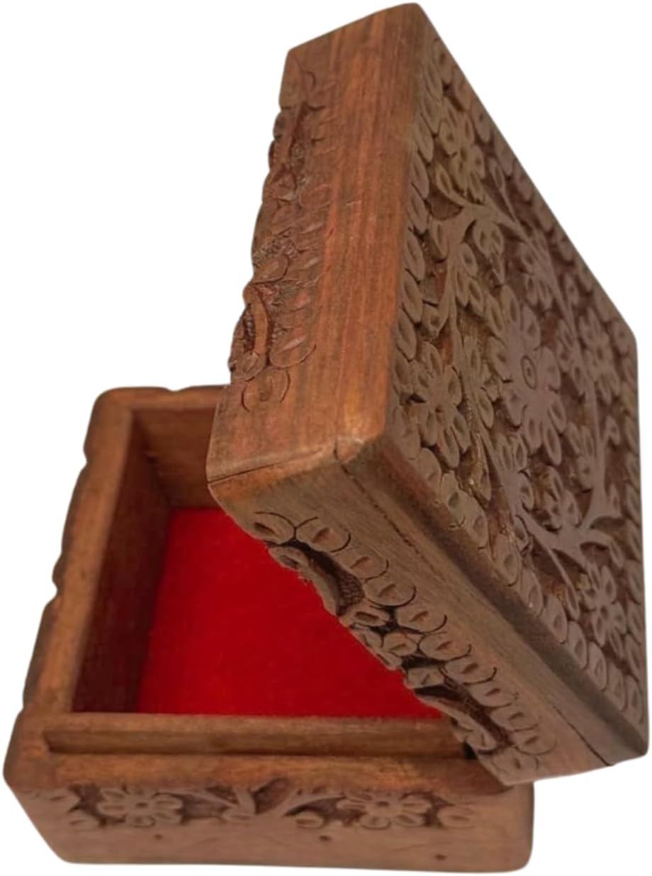 Handmade Wooden Jewelry Box for Women – 3x3 inch Hand-Carved Organizer with Brass Inlay – Rustic Indian Keepsake Box Gift for Girls, Teens, Mom – Vintage Trinket Storage| Size -