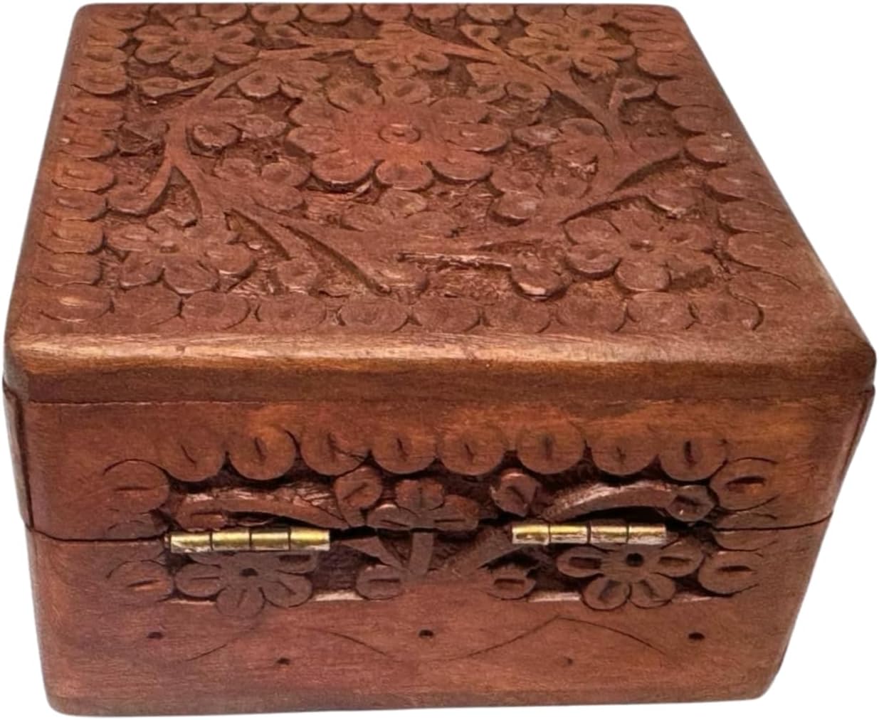 Handmade Wooden Jewelry Box for Women – 3x3 inch Hand-Carved Organizer with Brass Inlay – Rustic Indian Keepsake Box Gift for Girls, Teens, Mom – Vintage Trinket Storage| Size -