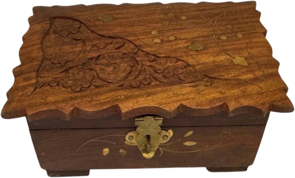Handmade Wooden Jewelry Box for Women – 6x4 inch Hand-Carved Organizer with Brass Inlay – Rustic Indian Keepsake Box Gift for Girls, Teens, Mom – Vintage Trinket Storage
