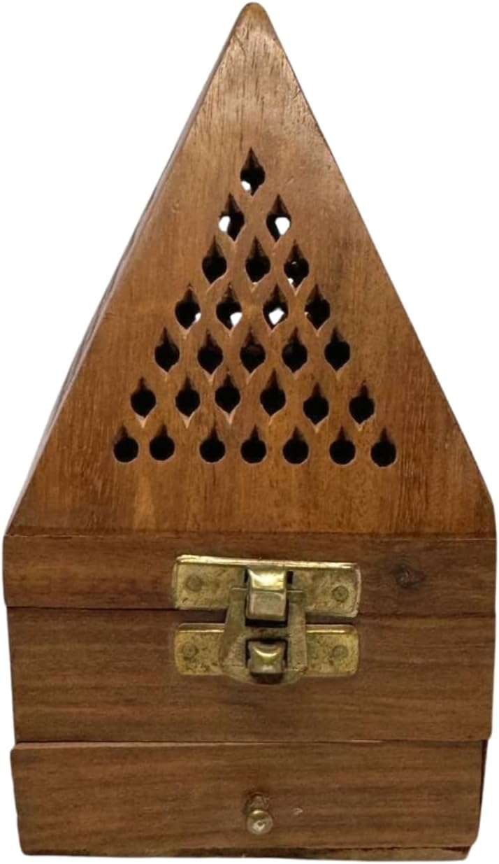 Handcrafted Wooden Sambrani Dhoop Batti Stand – Pyramid Shaped Incense Holder with Ash Catcher – Traditional Indian Design for Aromatherapy, Meditation & Spiritual Use – 3.5x3.5 Inch