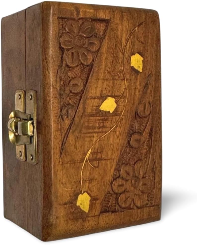 Handmade Wooden Jewelry Box for Women – 4x2.5 inch Hand-Carved Organizer with Brass Inlay – Rustic Indian Keepsake Box Gift for Girls, Teens, Mom – Vintage Trinket Storage